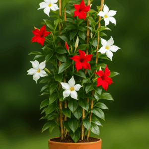 Dipladenia amb flors blanques i vermelles