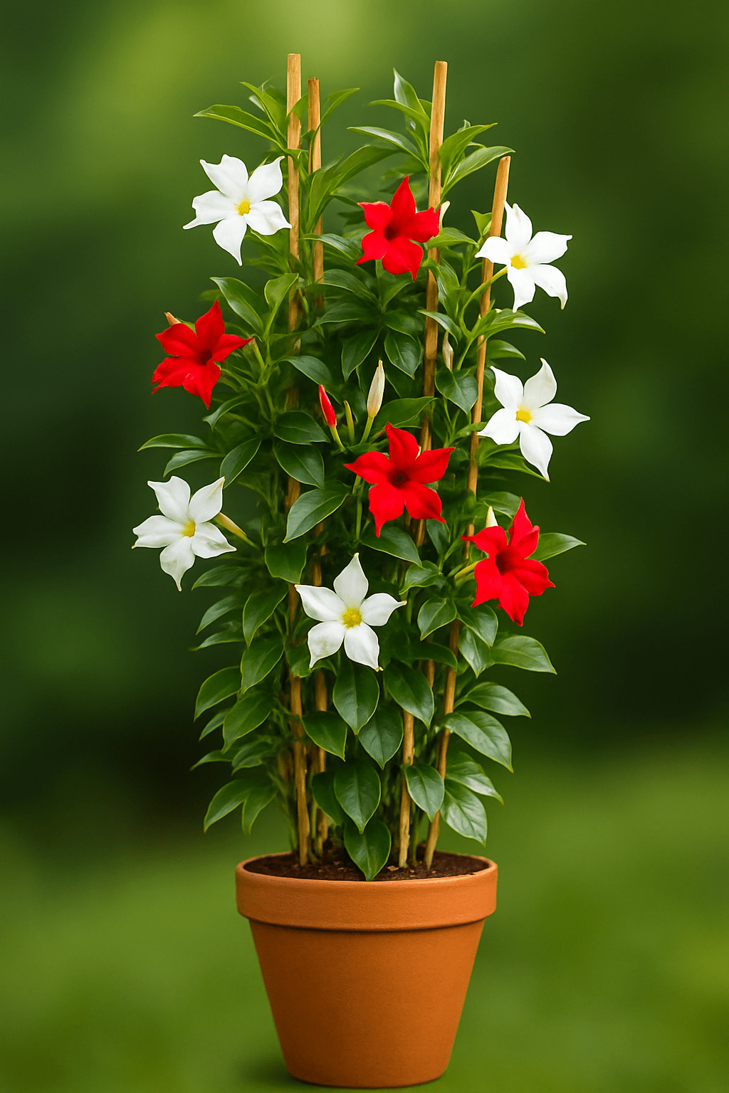 Dipladenia amb flors blanques i vermelles